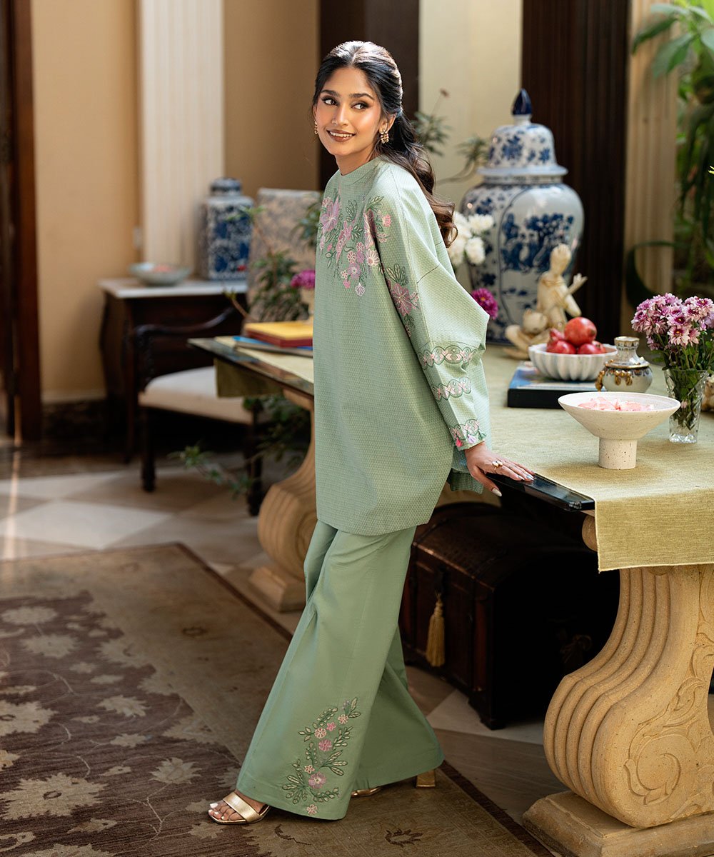 Women’s 2 Piece embroidered dobby suit in hedge green